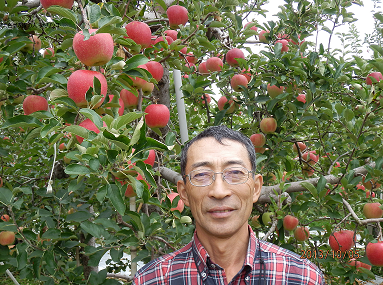 果樹園主　菊田透氏（背景は「陽光」10月6日撮影）